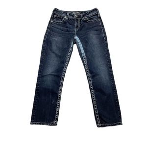 Silver Jeans Suki High Capri Contrast Hem Stitching Dark Wash Slim Jeans Size 28